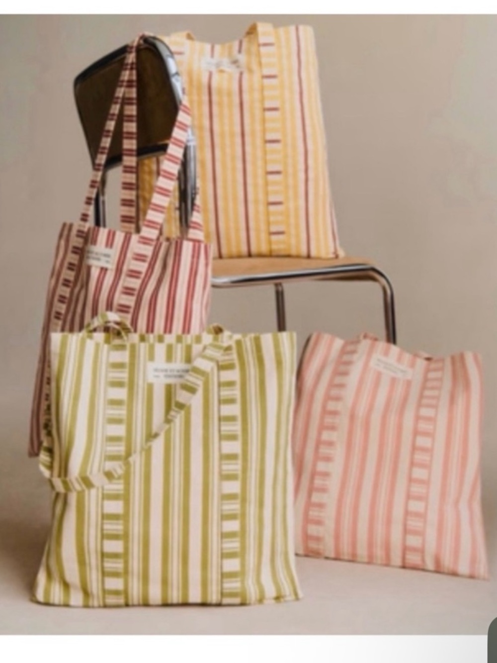 Sezane Striped Canvas Tote Bag — Yellow